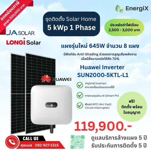ชุดติดตั้ง Solar Home รุ่นยอดนิยม 5kw  1 Phase